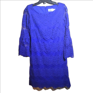 Eliza j 2 royal blue floral lace overlay linned, unlined lace bell sleeves shift